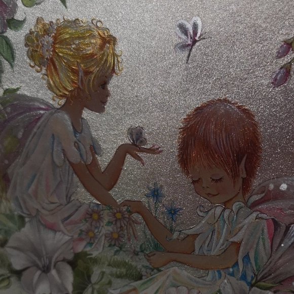 Set of Two Vintage Foil Art Fairies Mushroom Dragonfly One Silver Foil One Gold - Picture 4 of 6